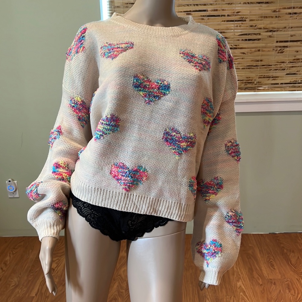 Boutique Cream Oversized Sweater With Raised Multi-colored Hearts Size L
